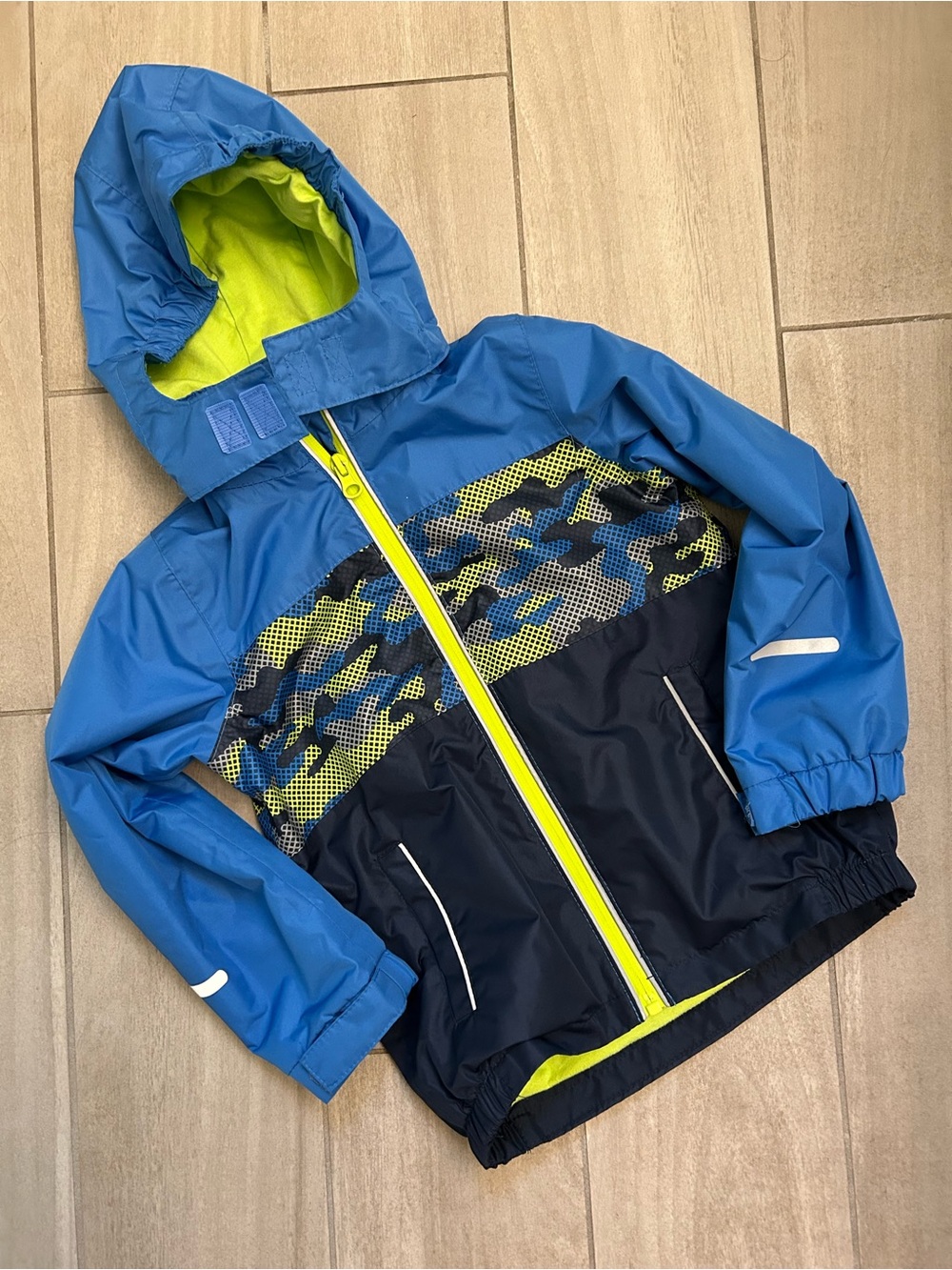 Kids Blue & Navy Hooded Rain Jacket with Neon Accents